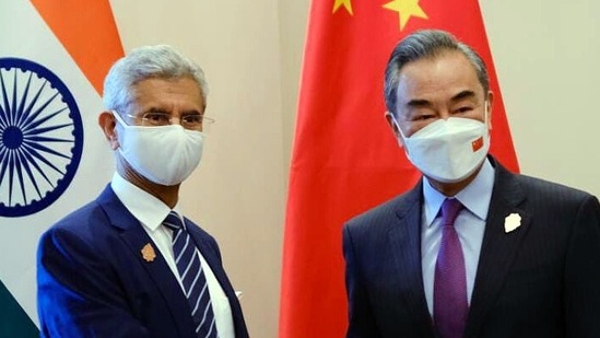 External affairs minister S Jaishankar meets with his Chinese counterpart Wang Yi on the sidelines of the G20 Foreign Ministers Meeting, in Bali on Thursday.(S Jaishankar Twitter)