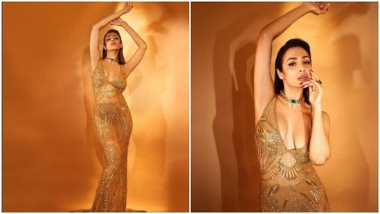 Malaika Arora, on Thursday, painted Instagram golden with a set of pictures of herself looking like a real-life mermaid in a golden sequined gown. The actor, yet again, put her sartorial foot forward and pulled off a stunning look for her fans to follow. Take a look at her pictures here.(Instagram/@malaikaaroraofficial)