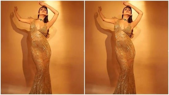 Malaika played muse to fashion designer Naeem Khan and picked the golden gown from his shelves,(Instagram/@malaikaaroraofficial)
