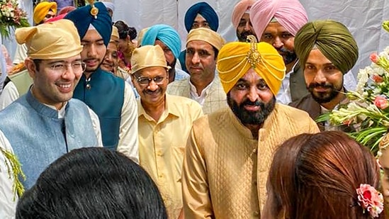 Punjab CM Bhagwant Mann during his wedding ceremony in Chandigarh. AAP leaders Arvind Kejriwal and Raghav Chadha are also seen.&nbsp;(PTI photo)