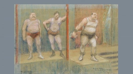 A drawing by Henri Gabriel Ibels, 'Three Wrestlers on a Stage' (1892/93)(Kunsthalle Bremen – Der Kunstverein in Bremen, Kupferstichkabinett) A drawing by Henri Gabriel Ibels, 'Three Wrestlers on a Stage' (1892/93)(Kunsthalle Bremen – Der Kunstverein in Bremen, Kupferstichkabinett)