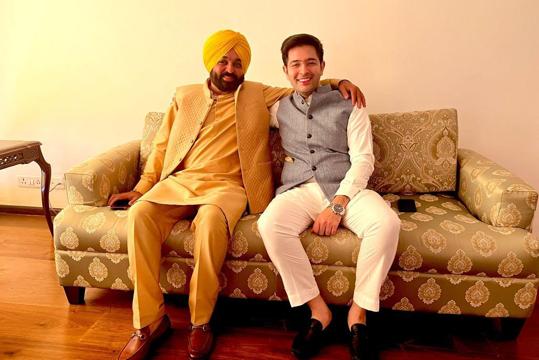 Punjab chief minister Bhagwant Mann with Aam Aadmi Party MP Raghav Chadha at his official residence in Chandigarh on Thursday morning. (HT Photo) Punjab chief minister Bhagwant Mann with Aam Aadmi Party MP Raghav Chadha at his official residence in Chandigarh on Thursday morning. (HT Photo)