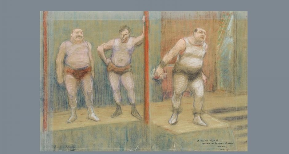 A drawing by Henri Gabriel Ibels, 'Three Wrestlers on a Stage' (1892/93) (Kunsthalle Bremen – Der Kunstverein in Bremen, Kupferstichkabinett) A drawing by Henri Gabriel Ibels, 'Three Wrestlers on a Stage' (1892/93) (Kunsthalle Bremen – Der Kunstverein in Bremen, Kupferstichkabinett)