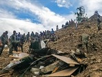 Rescue operations underway after a massive landslide hit the Tupul railway construction camp in Noney district of Manipur. (PTI) Rescue operations underway after a massive landslide hit the Tupul railway construction camp in Noney district of Manipur. (PTI)