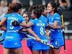 Indian players during their FIH Women's Hockey World Cup 2022 match against China.(PTI) Indian players during their FIH Women's Hockey World Cup 2022 match against China.(PTI)