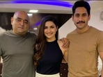 Prachi Desai poses with Naga Chaitanya and Dhootha director Vikram K Kumar.