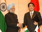 Former prime minister Manmohan Singh and ex-Japanese prime minister Shinzo Abe.