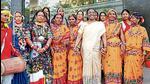 NDA presidential candidate Droupadi Murmu posing with artistes wearing traditional attires, on her arrival, at Naimisharanya Guest House, in Lucknow on Friday. (HT PHOTO) NDA presidential candidate Droupadi Murmu posing with artistes wearing traditional attires, on her arrival, at Naimisharanya Guest House, in Lucknow on Friday. (HT PHOTO)