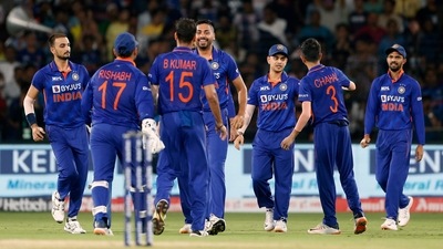 India's Bhuvneshwar Kumar celebrates the dismissal with teammates (ANI) India's Bhuvneshwar Kumar celebrates the dismissal with teammates (ANI)