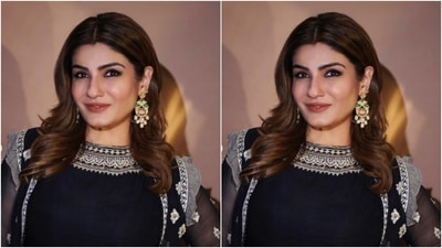 Styled by fashion stylist Surina Kakkar, Raveena wore her tresses open in soft curls with a middle part and decked up in nude eyeshadow, black eyeliner, black kohl, mascara-laden eyelashes, contoured cheeks and a shade of soft orange lipstick. (Instagram/@officialraveenatandon)