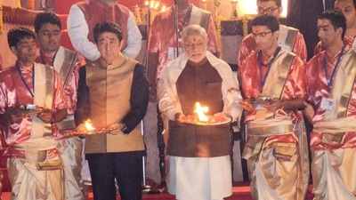 PM Modi and Shinzo Abe during the Ganga Aarti in Varanasi in 2017. PM Modi and Shinzo Abe during the Ganga Aarti in Varanasi in 2017.