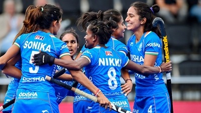 Indian players during their FIH Women's Hockey World Cup 2022 match against China. (PTI) Indian players during their FIH Women's Hockey World Cup 2022 match against China. (PTI)
