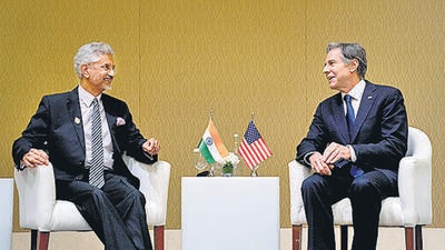US secretary of state Antony Blinken (R) with external affairs minister S Jaishankar, in Bali on Friday. (Reuters)