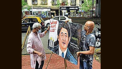 A painting by students of an art school to pay homage to former Japanese prime minister Shinzo Abe, in Mumbai, Friday, July 8, 2022. Abe died after being shot at while campaigning for a parliamentary election in Japan's Nara region. (PTI)