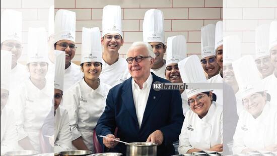 Chef Alain Ducasse with students at the new ?cole Ducasse campus in Gurugram