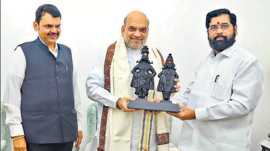 Chief minister Eknath Shinde and deputy CM Devendra Fadnavis with Union home minister Amit Shah in Delhi on Friday. ANI