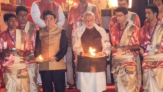 PM Modi and Shinzo Abe during the Ganga Aarti in Varanasi in 2017.