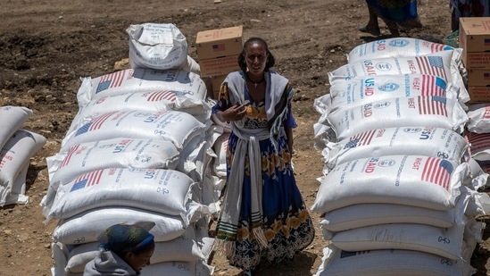 FILE - An Ethiopian woman stands by sacks of wheat to be distributed by the Relief Society of Tigray in the town of Agula, in the Tigray region of northern Ethiopia Saturday.&nbsp;(AP)