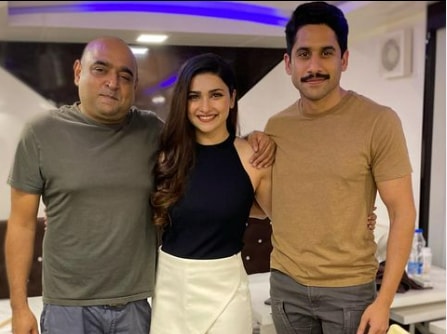 Prachi Desai poses with Naga Chaitanya and Dhootha director Vikram K Kumar.