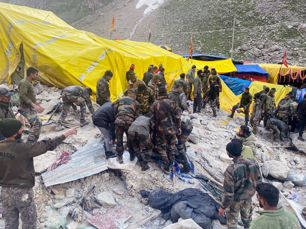Rescue operation underway after cloudburst occurred in the lower reaches of Amarnath cave, in Pahalgam on Friday. (ANI Photo/Army) Rescue operation underway after cloudburst occurred in the lower reaches of Amarnath cave, in Pahalgam on Friday. (ANI Photo/Army)