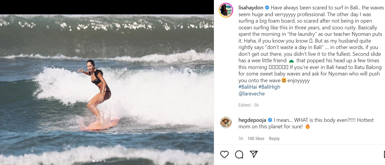 Lisa Haydon is a mother-of-three, and often documents her surfing sessions on Instagram. 