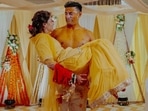 Payal Rohatgi and Sangram Singh celebrated their haldi ceremony on Saturday. Sangram carried her during the celebrations, which made her smile. (Moviee’ing Momentss)
