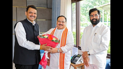 Maharashtra chief minister Eknath Shinde and his deputy Devendra Fadnavis meet BJP president JP Nadda, in New Delhi on Saturday. (PTI) Maharashtra chief minister Eknath Shinde and his deputy Devendra Fadnavis meet BJP president JP Nadda, in New Delhi on Saturday. (PTI)