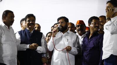 Chief minister Eknath Shinde speaking at a public event in Hadapsar on Saturday. (HT PHOTO)