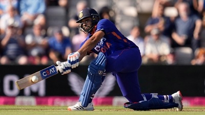India captain Rohit Sharma hits a four during the first T20 international cricket match between England and India at The Ageas Bowl in Southampton, England (AP) India captain Rohit Sharma hits a four during the first T20 international cricket match between England and India at The Ageas Bowl in Southampton, England (AP)