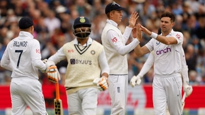 James Anderson celebrates with Zak Crawley after taking the wicket of India's Ravindra Jadeja&nbsp; (Reuters)