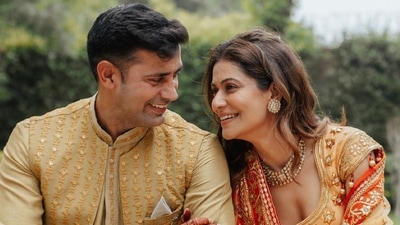Payal Rohatgi and Sangram Singh smiled as they sat together in a photo. (Moviee’ing Momentss) 