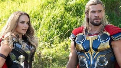 Natalie Portman and Chris Hemsworth in a still from Thor: Love and Thunder. Natalie Portman and Chris Hemsworth in a still from Thor: Love and Thunder.