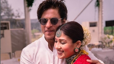 Shah Rukh Khan with Nayanthara at her wedding to Vignesh Shivan.