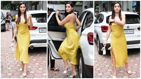 Nora Fatehi stuns in a slip dress.&nbsp;(HT Photo/Varinder Chawla)