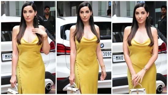 Nora Fatehi wears gold-toned accessories with her day-out look.&nbsp;(HT Photo/Varinder Chawla)