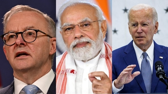 Prime Minister Narendra Modi (Centre), Australian PM Anthony Albanese (L), US President Joe Biden (R).