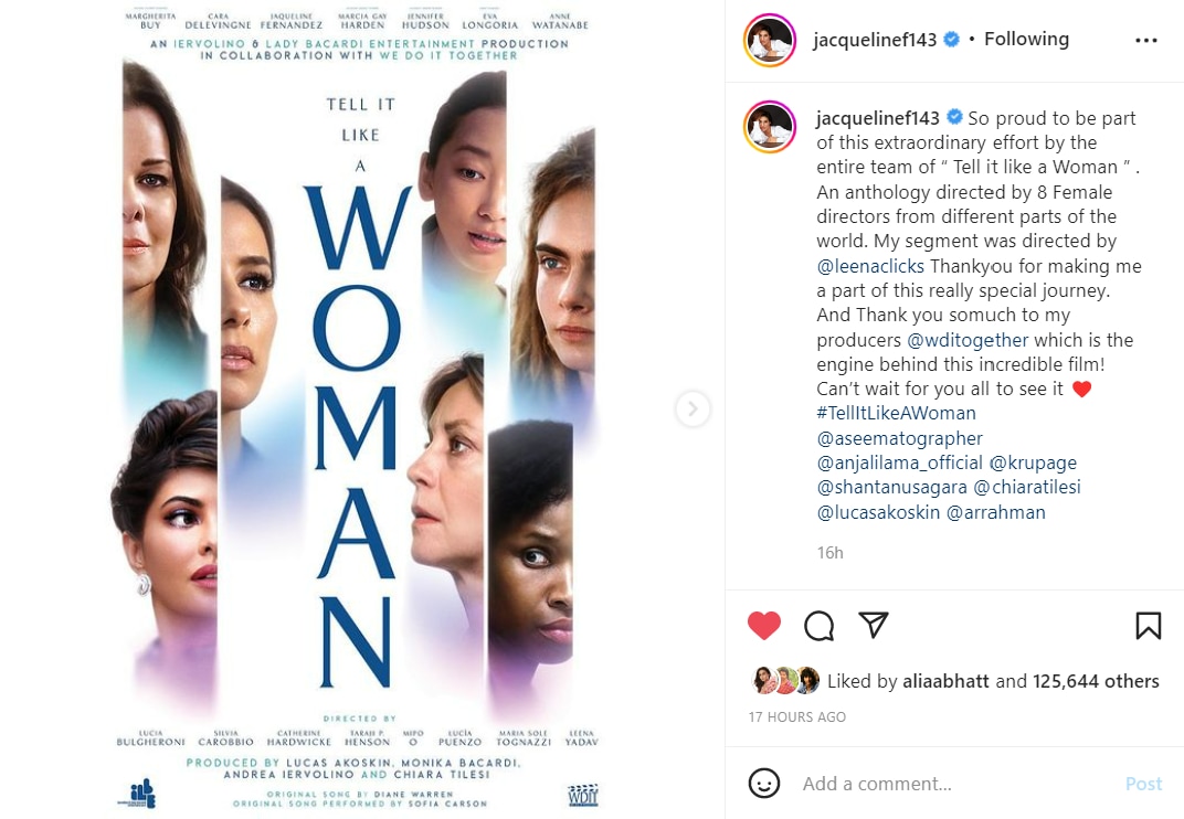 Jacqueline Fernandez shares poster of her film Tell It Like A Woman.