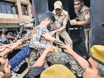 File photo of one of the accused in the Udaipur killing outside an NIA court in Jaipur.(PTI) File photo of one of the accused in the Udaipur killing outside an NIA court in Jaipur.(PTI)