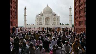 People gathering for “namaz” on occasion of Eid-ul-Adha at a mosque within the Taj Mahal premises on Sunday. (HT PHOTO) People gathering for “namaz” on occasion of Eid-ul-Adha at a mosque within the Taj Mahal premises on Sunday. (HT PHOTO)