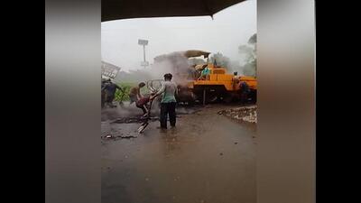 The Punjab government has suspended four officials of the public works department (PWD) for carrying out road construction in Hoshiarpur district amid heavy rain.