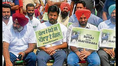 Punjab Congress chief ad MLA Pargat Singh protesting against the setting up of Mattewara textile park in Ludhiana on Sunday. Punjab Congress chief ad MLA Pargat Singh protesting against the setting up of Mattewara textile park in Ludhiana on Sunday.