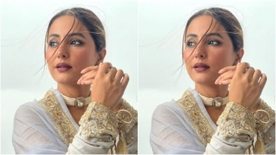 Hina further accessorised her look for the day with a white neck choker that came embedded with a white stone. In white stone embedded ear studs, she added more Eid vibes to her look. (Instagram/@realhinakhan)