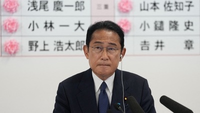 Fumio Kishida, Japan's prime minister and president of the Liberal Democratic Party (LDP), speaks after placing a paper rose on an LDP candidate's name, to indicate a victory in the upper house election, at the party's headquarters in Tokyo, Japan. (REUTERS)