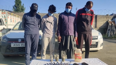 Four Lashkar-e-Taiba militants that were arrested by police in Budgam district in J&amp;K.&nbsp; (PTI)