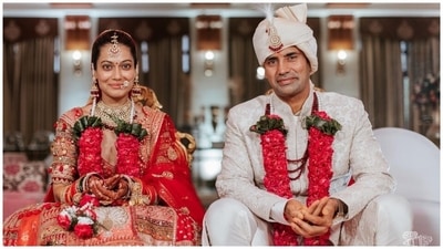 The pictures show various moments from Payal and Sangram's wedding, including their jaimala ceremony. A few photos also showed Sangram applying sindoor on Payal's head, helping her wear the mangal sutra, the couple exchanging their vows, taking pheras around the sacred fire, and more. (Instagram)