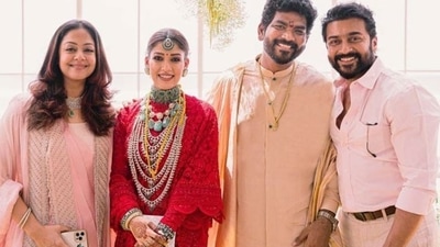 Actor Suriya and his wife Jyothika with Nayanthara and Vignesh Shivan at the wedding. 