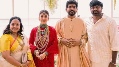 Vijay Sethupathi and wife Jessy pose with the newlyweds. Vignesh Shivan called the actor his ‘hero’. Vijay Sethupathi and wife Jessy pose with the newlyweds. Vignesh Shivan called the actor his ‘hero’.