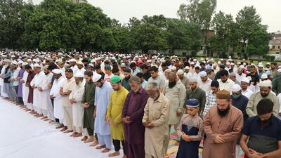 Former Jammu and Kashmir chief minister and National Conference president Farooq Abdullah and his son Omar Abdullah also offered Eid prayers at Dargah Hazratbal (PTI)