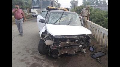 The car that crashed into the railing of the Hansli drain bridge near the Jalandhar-Amritsar bypass.