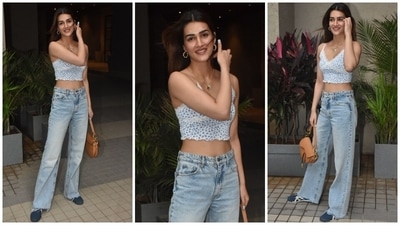 In the end, Kriti chose centre-parted open tresses, pastel blue nail paint, glossy nude pink lip shade, glowing skin, blushed cheeks, beaming highlighter, a hint of mascara on the lashes, and on-fleek brows for the glam picks. What do you think of this day-out look? (HT Photo/Varinder Chawla) In the end, Kriti chose centre-parted open tresses, pastel blue nail paint, glossy nude pink lip shade, glowing skin, blushed cheeks, beaming highlighter, a hint of mascara on the lashes, and on-fleek brows for the glam picks. What do you think of this day-out look? (HT Photo/Varinder Chawla)